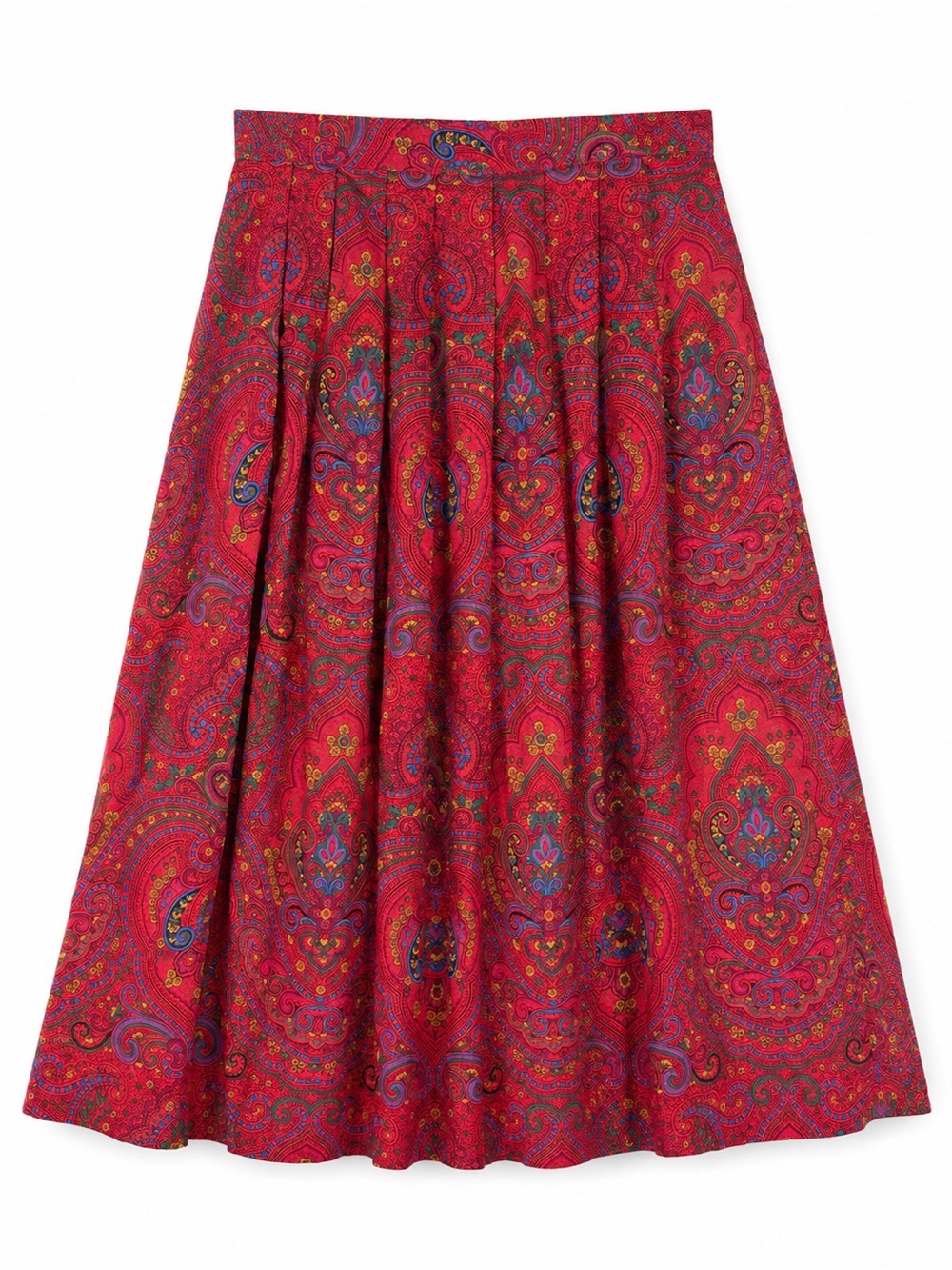 Vintage 1980s Worthington Paisley Pleated Midi Skirt Red 12 Made USA